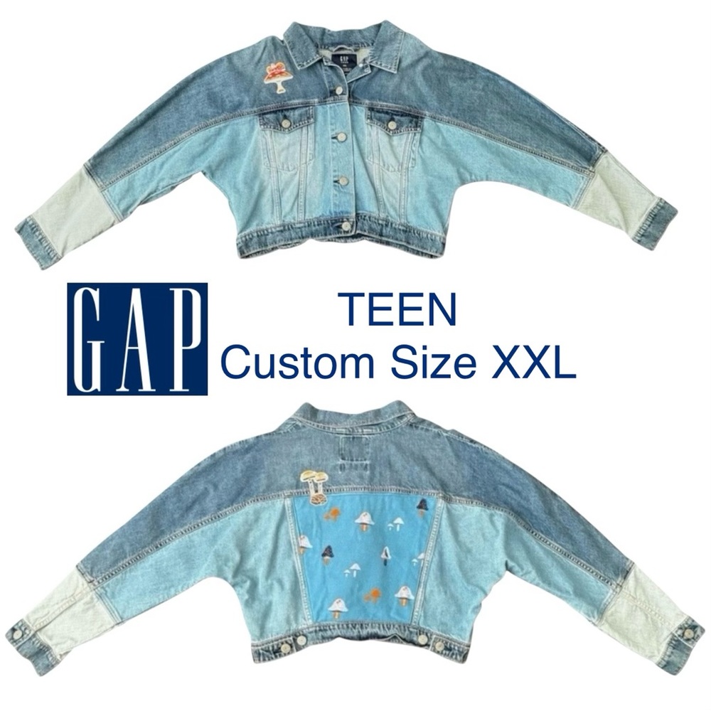 GAP Jean Jacket Teen Dolman Cropped  Retro 70s Groovy Funky Mushroom motif